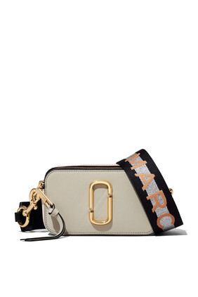 SNAPSHOT CROSSBODY IN LEATHER WITH GOLD LOGO AND STRAP:Light/Pastel Grey:One Size